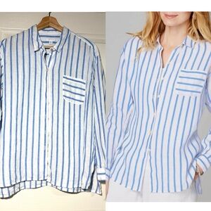 J Jill Love Linen Blue Stripe Shirt Beach Breathable Costal Relaxed Size M